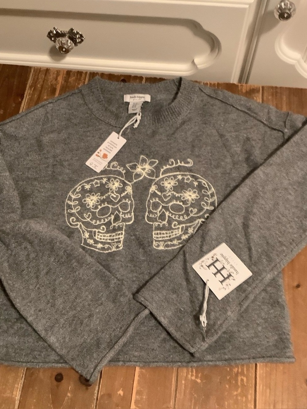 Grey Embroidered Skull Crewneck Sweater -XS